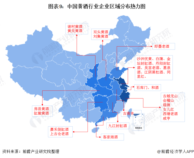 图表9：中国黄酒行业企业区域分布热力图