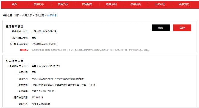 太原兴硕达物流有限公司被罚款二千元