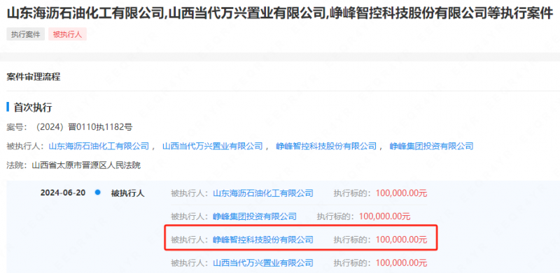 峥峰智控科技股份有限公司被执行10万元