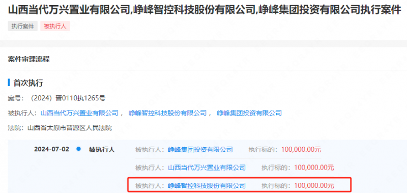峥峰智控科技股份有限公司被执行10万元