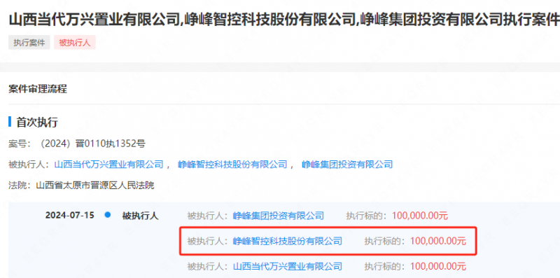 峥峰智控科技股份有限公司被执行10万元