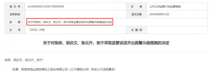 《关于对张烘、邬庆文、张云升、张宁采取监管谈话并出具警示函措施的决定》（〔2024〕34号）（以下简称“《决定书》”）