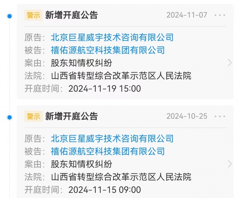 山西禧佑源航空科技集团董事长股权被冻结 股东疑似在内讧